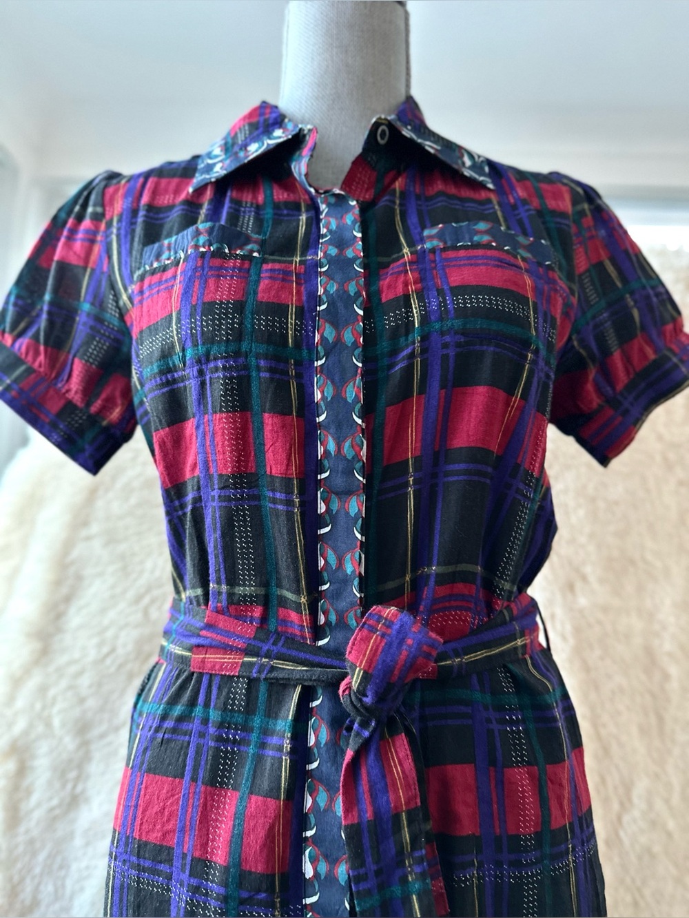 Plaid Belted Shirt Dress in Red and Black - Sz S - 100% Cotton
